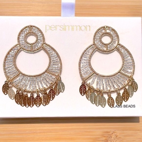 Brand New Persimmon Glass Beaded Gold Tone Leaf Round Drop Earrings Lightweight - Picture 8 of 14